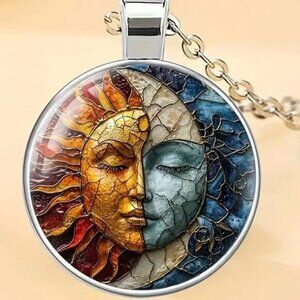 Silver CELESTIAL Sun Moon Glass Cabochon Pendant Necklace